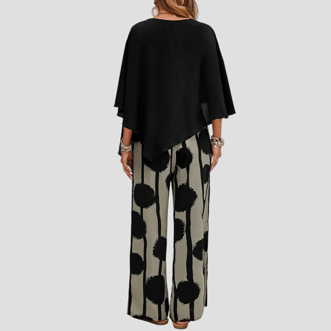 Milavie™ | Modieuze damesoutfit met asymmetrische top en broek met print