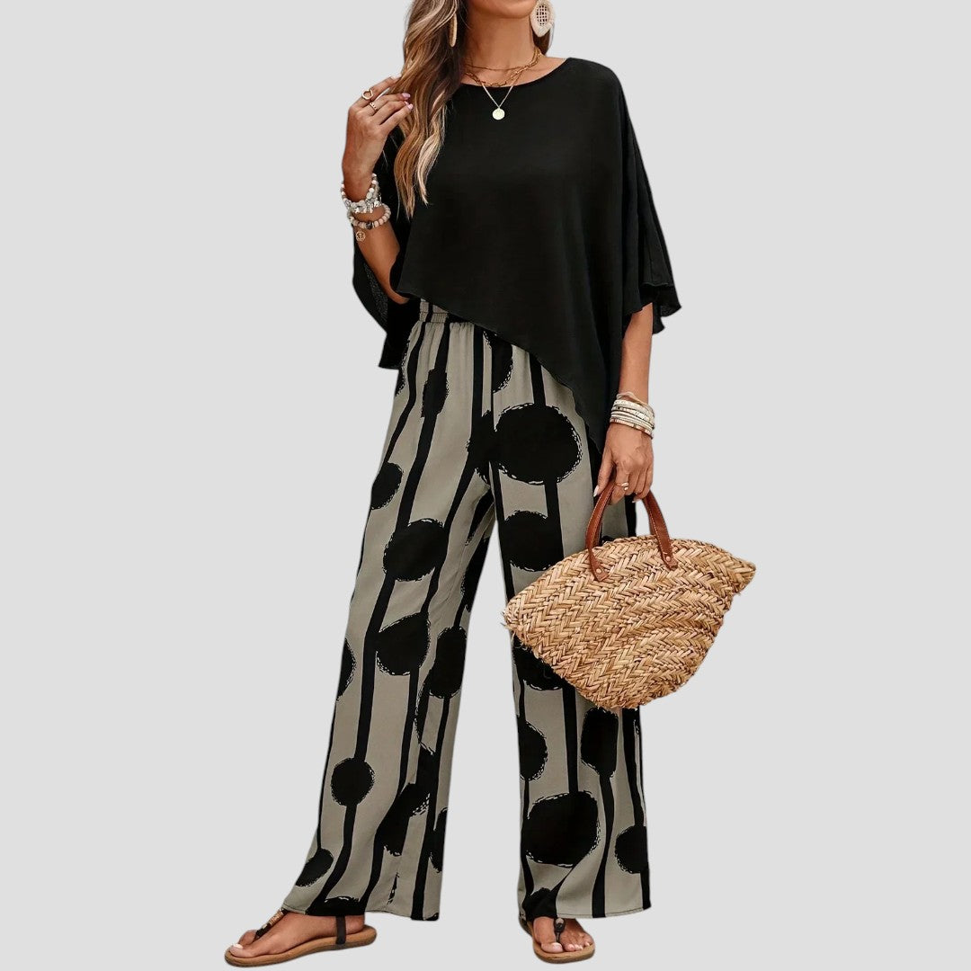 Milavie™ | Modieuze damesoutfit met asymmetrische top en broek met print