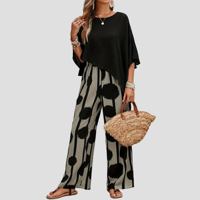 Milavie™ | Modieuze damesoutfit met asymmetrische top en broek met print
