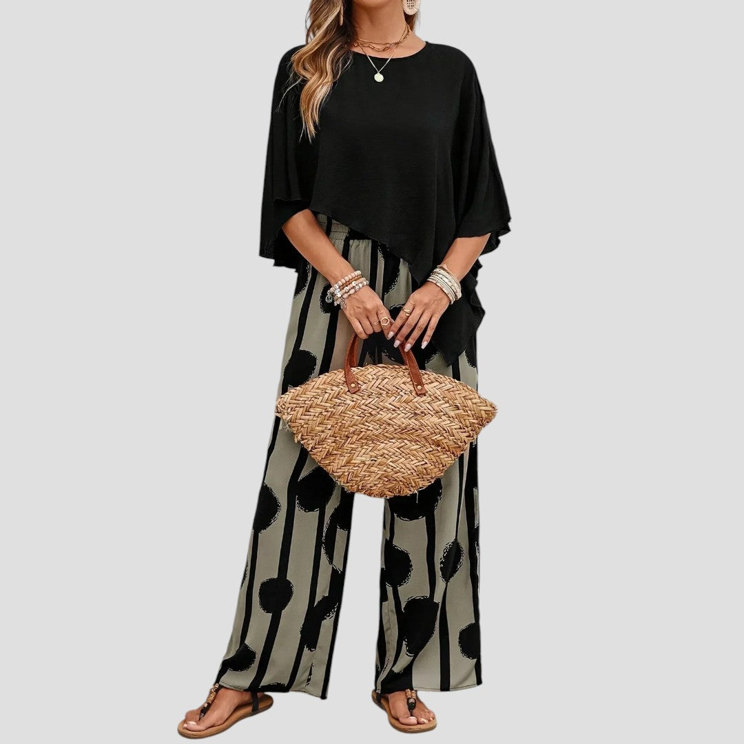 Milavie™ | Modieuze damesoutfit met asymmetrische top en broek met print