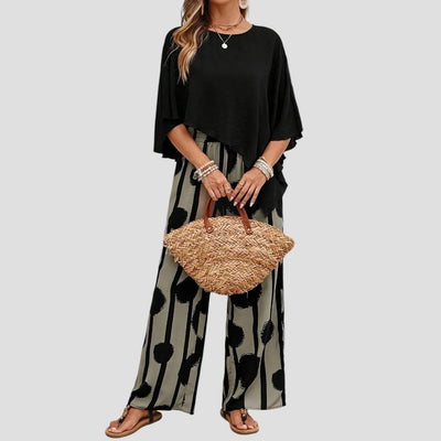 Milavie™ | Modieuze damesoutfit met asymmetrische top en broek met print