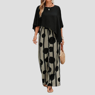Milavie™ | Modieuze damesoutfit met asymmetrische top en broek met print