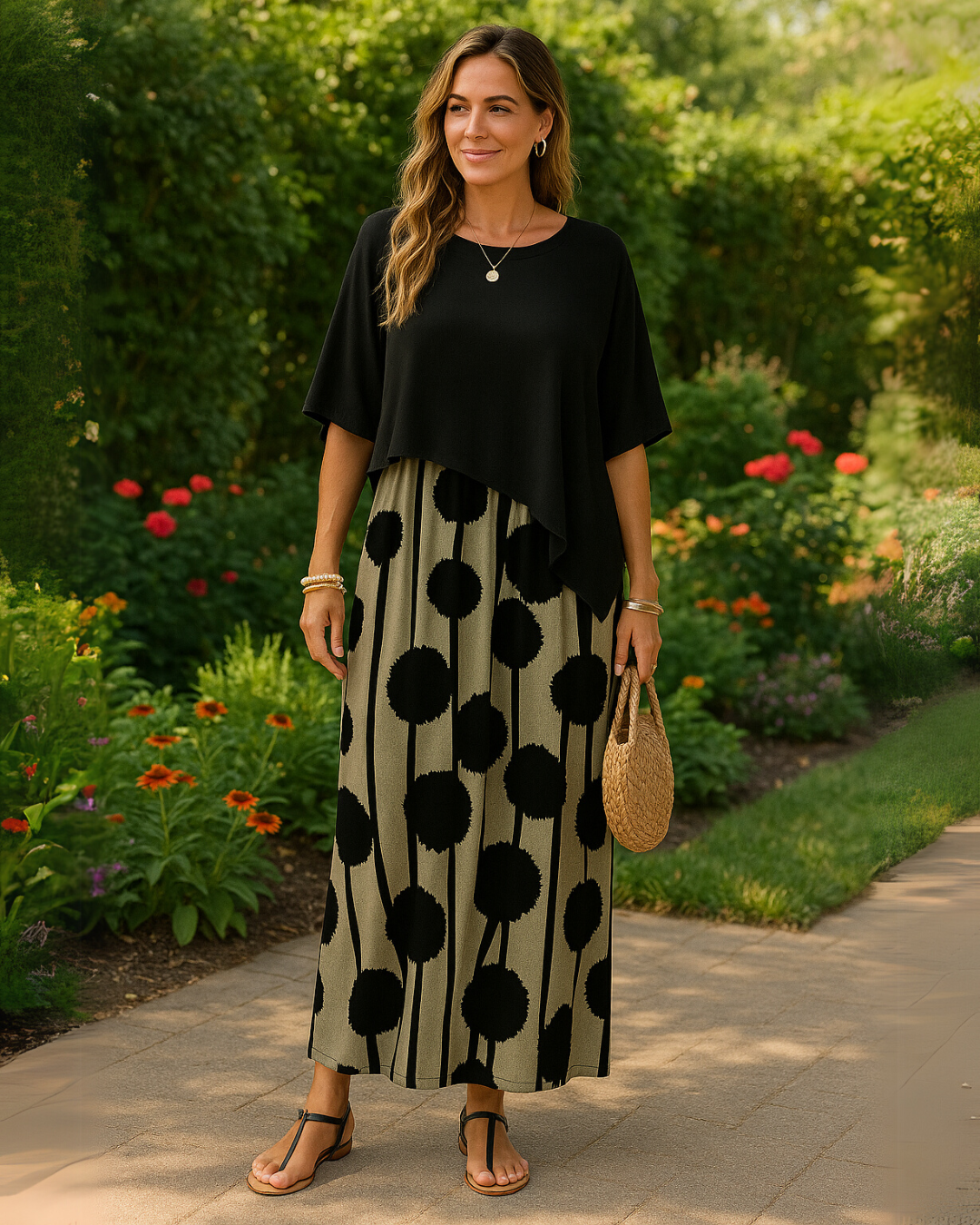 Milavie™ | Modieuze damesoutfit met asymmetrische top en broek met print