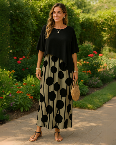 Milavie™ | Modieuze damesoutfit met asymmetrische top en broek met print