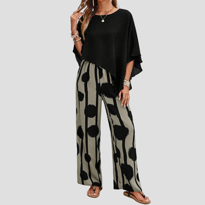 Milavie™ | Modieuze damesoutfit met asymmetrische top en broek met print
